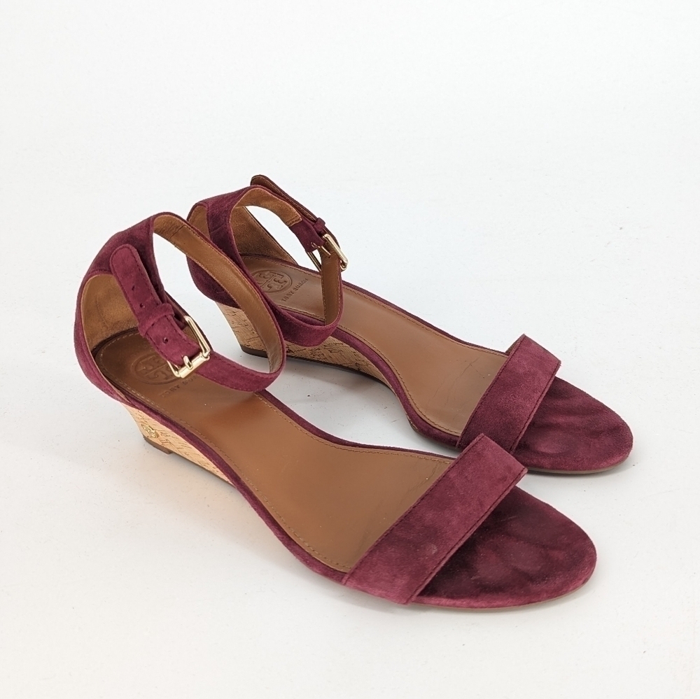 Tory Burch Savannah Suede Cork Wedge Purple 8.5 open toe summer preppy casual
